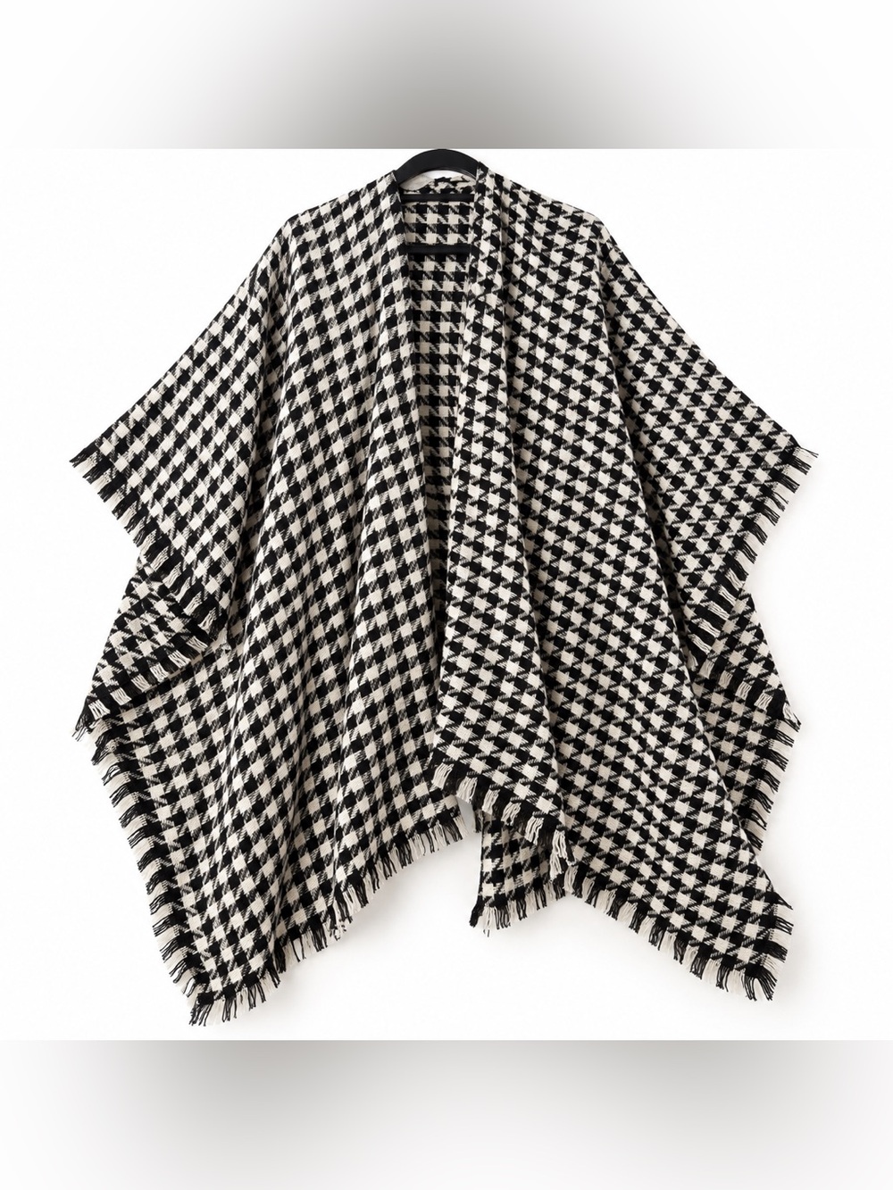 Old Navy Houndstooth Black White Fringe Poncho Wrap One Size NWT